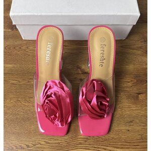 Fereshte Women's Size 5.5 Pink Clear Heeled Open Toe Slip On Sandals Rose Flower